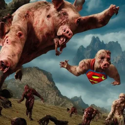 zombies approaching a mountain, female pig with superman looking from top of the mountain, realistic, movie style