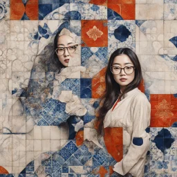 editorial image, asian woman portrait long hair glasses, portuguese azulejo tiles pattern, abstract, mixed media