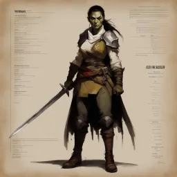 ConceptSheet: woman half-orc assassin and her dagger with AD&D statistics [by Guy Borremans]