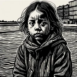 create a deeply powerful tragic, heart wrenching, and evocative, full body woodcut of a raw and weathered young refugee girl with highly detailed and deeply cut facial features, lost in a horrific post apocalyptic Gaza, in the style of KATHE KOLLWITZ , searing lines and forceful strokes