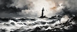 Lighthouse on a coastline shining light out to sea with stormy sea Zur's Weirding in modern european ink painting art style metal sea shell coloured ink splats