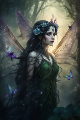 Blomde hair , , dark Fairy wings Purple hair,water lilies,dark fairy princess,nymph,elven crown,dragonflies,tiara,,gothic,glitter,rapunzel hair, very long hair,green eyes,