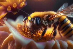 close-up macro photography of a beautiful honey bee on nice flower,honey comb, centered, ultra realistic, artstation, unreal engine 5, octane render , close up portrait photo by Annie Leibovitz, film, studio lighting, detailed skin