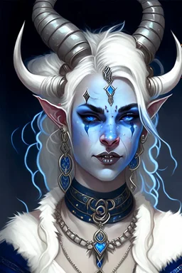 A young tiefling woman with a set of ram horns on her head encrusted with jewels, White-Blonde, medium length hair, black eyes, dressed in white and blue with lots of jewelry, beautiful, satanic tattoos on her neck, she is happy