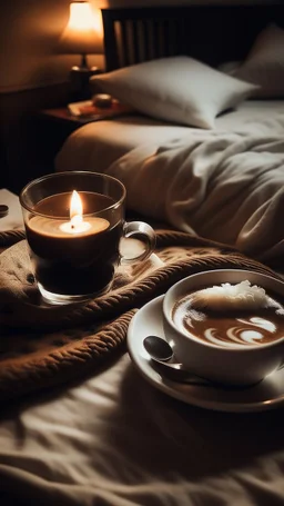 Picture of coffee, bed and night