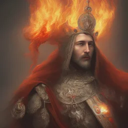 a king with a crown on fire fading into oblivion ,red accents, digital painting.