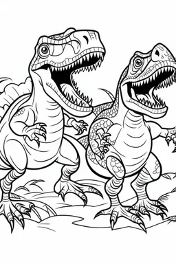 A coloring page, white backgroundDepict a pair of T-Rex siblings engaging in playful antics together, such as chasing each other or play-fighting, with laughter and camaraderie filling the air. ink drawing clipart, simple line illustrations, colored