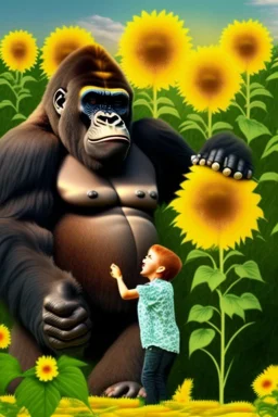 A child play with the s big gorilla among sunflowers farm the child is seems very happy while the gorilla been silly