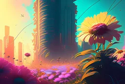 sunny day, flowers, epic, sci-fi, retrowave city