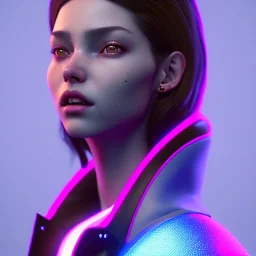 Spanish woman, rounded face, glow made up, trap style, red, blue, pink, cold, latex coat, leather, nose piercing, soft color, highly detailed, art stations, concept art, smooth, unreal engine 5, god rays, ray tracing, RTX, lumen lighting, ultra detail, volumetric lighting, 3d, finely drawn, high definition, high resolution, neon background.