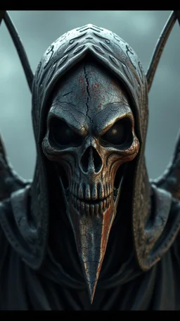 a front view of the keeper reaper with wings movie , his face skin is a rusted broken metallic skin texture in a 3d rendering full-height image of a grim and dark scene. Ensure the final images exhibit the utmost quality, encompassing 4K, 8K, and 64K resolutions, with 3D rendering that manifests in photorealistic, hyperrealistic, and highly detailed representations. Employ techniques such as HDR, UHD,