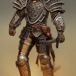 Full body portrait,"Insanely detailed photograph of an armored mariachi warrior with sword", intricate chainmail charo,detailed Sombrero, intricate D20 buttons, digital painting, artstation, concept art, smooth, sharp focus, illustration, art by artgerm and greg rutkowski and alphonse mucha, 8 k