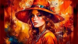Vintage art, brown and orange shades, sunny day, straw hat for woman, summer dress, splashes of art, in the style of Dante Gabriel Rossetti, Yossi Kotler, Camilla D'Errico, masterpiece, fine art in the style of Carne Griffiths, Paula Hoppe