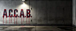 background of firing squad execution wall(wet textured concrete, gray, old, cracked, bullet holes, blood stained, 1 wall light) from underground parking, german style, a large blocky upside down "A.C.A.B." painted on left(old faded paint, red stains running down and past), cyberpunk,