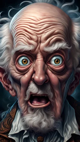 Hyperrealistic art Very old frightened and scared grandpa with fear in eyes, mad sky hallucination by Mundford, baroque maximalist, chibi by Artificial Nightmares, Stanley Artgerm, Tim Burton, detailed face features, sharp eyes, extremely detailed, photorealistic, highly detailed, organic, dynamic, ultra realistic, high definition, intricate details, crisp quality . Extremely high-resolution details, photographic, realism pushed to extreme, fine texture, incredibly lifelike