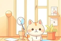 cute fluffy chibi beige cat with a giant thermometer in a modern room in sunshine