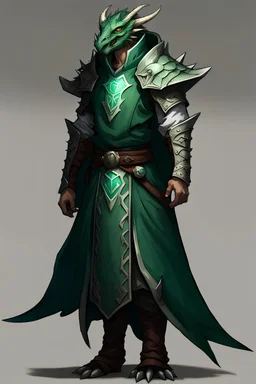 Male Emerald dragonborn draconic cleric robes large-winged tooth tail
