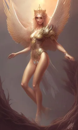 Female angel with beautiful perfect face big wings and golden crown floating above the ground in the dark enviroment, anatomically correct, michelangelo style, detailed, world of warcraft style, dark forest, trees, painting, brush strokes