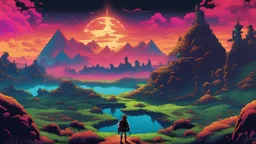 Zelda breath of the wild's world, comic style, mythical 80s landscape, negative space, space quixotic dreams, temporal hallucination, psychedelic, mystical, intricate details, very bright neon colors and deepblack, 4K desktop, pointillism, very high contrast, chiaroscuro