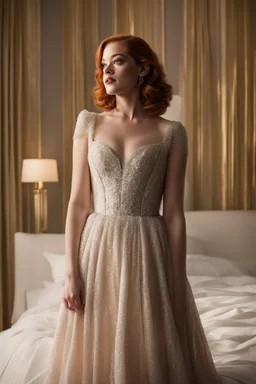 you find yourself captivated by the image of Jane Levy, adorned in an elegant gown and exuding a sense of pride, standing confidently in front of a bed. The room is bathed in a soft, ethereal light, casting a warm glow upon the scene. Jane Levy, with her head held high and a gleam in her eyes, stands before the bed, emanating an air of confidence and self-assuredness. Her gown, flowing and regal, accentuates her grace and poise. And around her waist, a garnet belt, a symbol of strength and dete