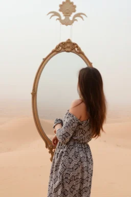 a woman standing in front of a mirror with reflection of a big city in the mirror, in the middle of the desert in foggy sky
