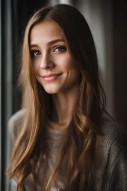 portrait of a 17 year girl with long light brown hair and hazel eyes, slim body and a happy expression