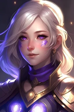 Young female aasimar light gold hair dark purple eyes adventurer clothing glows with holy light purple eyes amethyst eye color