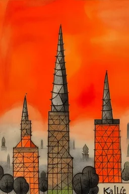 Salmon orange towers with lightning painted by Paul Klee