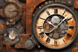 abstract painting head, rusted clocks, rust, scaffolding, perfect face, high detail