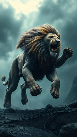 An ape , riding a running fast lion, a hyper details texturing of fullbody the skin realistic textures skin of lion .complex details, extremely, ultra rendering, it is standing admist darkness realms floors with stormy cloudy weather,