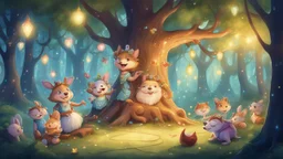 fantasy cartoon style illustration: Once upon a time, in the heart of the Enchanted Forest, there was a magical event that all the woodland creatures looked forward to—the Forest Carnival. The trees were adorned with twinkling fairy lights, and the air was filled with laughter and excitement.