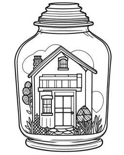 little house life in jar minimalistic, line art, background, vector, svg, coloring book page style, black outline on white background