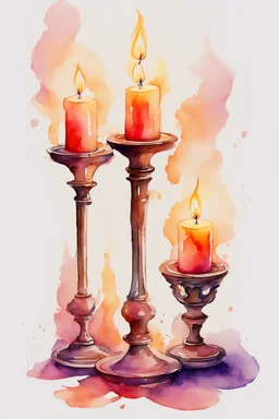 Watercolor candlestick with burning candles from the movie Beauty and the Beast on a light background