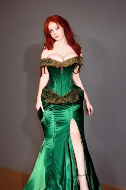 Busty princess with long auburn hair green eyes wearing a big dark teal green and gold satin ballgown corset off shoulder top at night