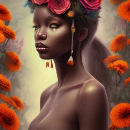 Black woman, flowers in hair, beautiful face, marigold