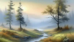 LLANURA ARIDA CON PINOS, ROBLES, ARROYO CRISTALINO, LUZ DE AMANECER, NIEBLA LIGERA, COMPOSICION REGLA DE TERCIOS, ILUMINACION LUZ SUAVE Y DIFUSA, ESTILO PINTURA AL OLEO REALISTA, DETALLES: SUAVIDAD O RUGOSIDAD NATURAL DE ELEMENTOS, DETALLES FINOS EN FLORA Y FAUNA,