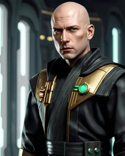 star wars bald male corellian jedi pilot wearing black and gunmetal grey old republic armored robes with gold trim inside the jedi temple holding a lightsaber with viridian green blade in left hand, centered head and shoulders portrait, hyperdetailed, dynamic lighting, hyperdetailed background, 8k resolution, volumetric lighting, light skin, fully symmetric details
