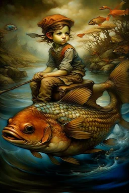 a painting of a young boy riding a fish, a storybook illustration by Esao Andrews, cgsociety, pop surrealism, storybook illustration, whimsical, detailed painting, ukiyo-e style