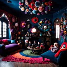 Detailed people, creepy living-room made of felt, naïve, vintage toys, sun, vsuuy, splimapys, volumetric light, giant flowers, naïve, Tim Burton, strong texture, orero dream, extreme detail, Max Ernst, decal, rich moody colors, sparkles, Harry Potter, oddest