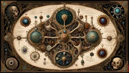 (colorful detailed schematic:1.5) of parasitic microscopic organisms, Eerie, Painted bone, antique (parchment with jeweled edges:1.5), filigree, museum setting, Dark Fine Arts, Morbid Fine Arts, Macabre Fine Arts, 16k Resolution, Trending On Artstation, High Quality, Sharp Focus, Intricate Details, Intricate Patterns, Chaotic, Dynamic Lighting, Backlit, Professional Photography, Canon Lens, Full Figure Shot, Deep Color, yellow and purple and cyan Hour