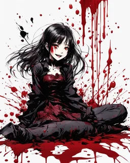 Petit girl goth smiling, lying pose, fullbody, behind blood guts rising from the ground, illustration by <Yoji Shinkawa>, behind paint splashes darkred tones,