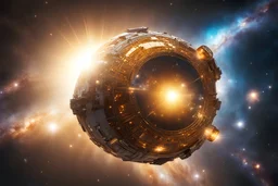astronave spaziale rotonda di cristallo dorata sullo sfondo di una galassia con il sole
