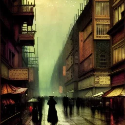 Corner building Metropolis ,dark colours, watercolor, by john atkinson Grimshaw, detailed painting,matte painting, alphonse mucha, greg rutkowski,