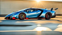 A sleek (((a fusion of lamborghini veneno and bugatti chiron))), its glossy shell reflecting the (((bright sun))), cutting through a (((clear bright blue morning sky)))