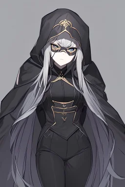 half-elf; mask; wizard; dark long hair; delicate features; dresses simply; potions; attractive appearance; depression; tall; wearing a dark grey hooded cloak; dark background; tight black leather pants; bangs hair;