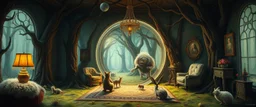 in the magical mirror forest we get a strange portrait of a living room, and you enter the strangest bubble doorway to weird dimension and the aura of its heavenly fluffy elevated messed up woodland and ad & d monster creatures flock painted by Nerdrum and Rembrandt