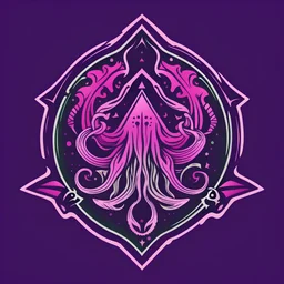 a simple design for an emblem. The emblem is triangular with outlines of a kraken. The colors is purple, pink and dark green.