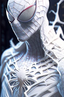 The epic 3D portrait of Spider-Man, dressed in white attire and adorned with gorgeous and surreal intricate details , wide-angle view , Half body composition , shinycinematic , artstation