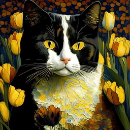 A portrait of a cat with tulips painted in large loose brush strokes by Klimt