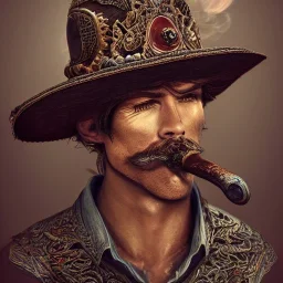 Insanely detailed photograph of an “portrait of a cowboy ” with intricate Sombrero, intricate embroidered charo, mustachioed clear face and hyperdetailed painting by Ismail Inceoglu Huang Guangjian and Dan Witz CGSociety ZBrush Central fantasy art album cover art,8K, hdr, romantic, mysterious, ominous, cigar smoke, jewelry, comfort, natural eyes,naked,tasteful